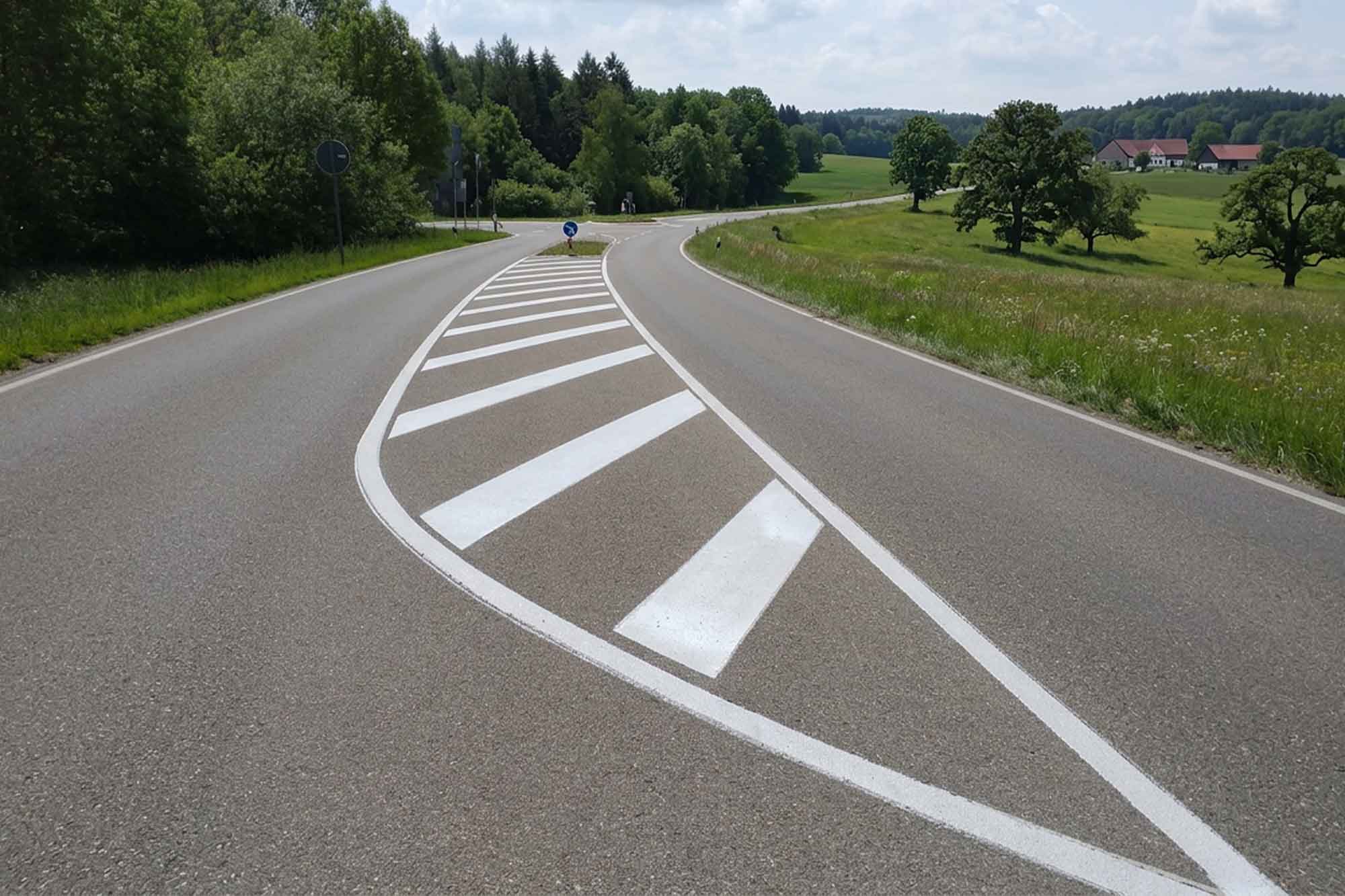 Fachgerechte Fahrbahnmarkierung auf einer Straße in Bayern durch DFM Verkehrstechnik.